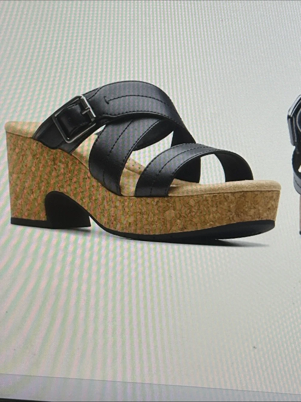 Clarks Black Leather Cork Wedge Sandal - new, not worn